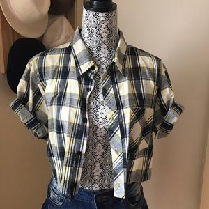 Cropped Plaid Button Down Shirt Reworked Short Sleeve Yellow & Navy